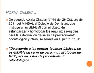 NORMA CHILENA…
 De acuerdo con la Circular N° 40 del 26 Octubre de
2011 del MINSAL al Colegio de Dentistas, que
instruye a las SEREMI con el objeto de
estandarizar y homologar los requisitos exigibles
para la autorización de salas de procedimiento
odontológico y otros, se señala en el punto 7 que:
 “De acuerdo a las normas técnicas básicas, no
es exigible un carro de paro ni un protocolo de
RCP para las salas de procedimiento
odontológico.”
 
