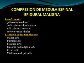 COMPRESION DE MEDULA ESPINAL
EPIDURAL MALIGNA
Localización:
70% columna dorsal
20 % columna lumbosacra
10% columna cervica...