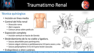 • Incisión en línea media
• Control del hilio renal
• Disección roma
• Abrir espacio
• Colocar pinza sobre pedículo
• Exposición completa
• Incisión vertical en fascie de Gerota
• Desbridamiento de lo no viable y ligadura.
• Sutura absorbible para parénquima.
• Sutura catgut crómico o polidioxanona 4-0 para vasos y vías.
• Sutura polipropileno 5-0 o 6-0 para lesión vascular.
• Endoprótesis o dren cutáneo.
Traumatismo Renal
Sabinston
Técnica quirúrgica:
Twonsend C., Beauchamp D., Evers B., Mattox K. Sabiston Tratado de Cirugía. 19na ed. Elsevier. Madrid 2013.
 