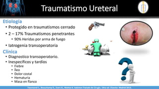 Traumatismo Ureteral
Sabinston
Etiología
• Protegido en traumatismos cerrado
• 2 – 17% Traumatismos penetrantes
• 90% Heridas por arma de fuego
• Iatrogenia transoperatoria
Clínica
• Diagnostico transoperatorio.
• Inespecíficos y tardíos
• Fiebre
• Íleo
• Dolor costal
• Hematuria
• Masa en flanco
Twonsend C., Beauchamp D., Evers B., Mattox K. Sabiston Tratado de Cirugía. 19na ed. Elsevier. Madrid 2013.
 