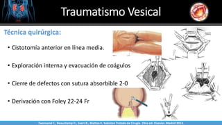 Traumatismo Vesical
Sabinston
Técnica quirúrgica:
• Cistotomía anterior en línea media.
• Exploración interna y evacuación de coágulos
• Cierre de defectos con sutura absorbible 2-0
• Derivación con Foley 22-24 Fr
Twonsend C., Beauchamp D., Evers B., Mattox K. Sabiston Tratado de Cirugía. 19na ed. Elsevier. Madrid 2013.
 