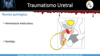 Traumatismo Uretral
Sabinston
Técnica quirúrgica:
• Hemostasia meticulosa.
• Sondaje.
Twonsend C., Beauchamp D., Evers B., Mattox K. Sabiston Tratado de Cirugía. 19na ed. Elsevier. Madrid 2013.
 