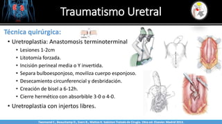 Traumatismo Uretral
Sabinston
Técnica quirúrgica:
• Uretroplastia: Anastomosis terminoterminal
• Lesiones 1-2cm
• Litotomía forzada.
• Incisión perineal media o Y invertida.
• Separa bulboesponjoso, moviliza cuerpo esponjoso.
• Desecamiento circunferencial y desbridación.
• Creación de bisel a 6-12h.
• Cierre hermético con absorbible 3-0 o 4-0.
• Uretroplastia con injertos libres.
Twonsend C., Beauchamp D., Evers B., Mattox K. Sabiston Tratado de Cirugía. 19na ed. Elsevier. Madrid 2013.
 