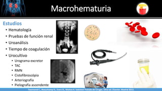 Macrohematuria
Sabinston
Estudios
• Hematología
• Pruebas de función renal
• Uroanálisis
• Tiempo de coagulación
• Urocultivo
• Urograma excretor
• TAC
• RMN
• Cistofibroscópia
• Arteriografía
• Pielografía ascendente
Twonsend C., Beauchamp D., Evers B., Mattox K. Sabiston Tratado de Cirugía. 19na ed. Elsevier. Madrid 2013.
 