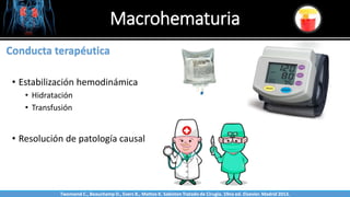 Macrohematuria
Sabinston
Conducta terapéutica
• Estabilización hemodinámica
• Hidratación
• Transfusión
• Resolución de patología causal
Twonsend C., Beauchamp D., Evers B., Mattox K. Sabiston Tratado de Cirugía. 19na ed. Elsevier. Madrid 2013.
 