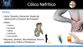 Cólico Nefrítico
Sabinston
Clínica
• Varía: Tamaño, Ubicación, Grado de
obstrucción y Factores de huésped
• Dolor:
• Intenso
• Punzante
• Súbito
• Unilateral
• Fosa lumbar
• Nauseas, vómitos, íleo intestinal, disuria,
polaquiuria, fiebre y hematuria.
Twonsend C., Beauchamp D., Evers B., Mattox K. Sabiston Tratado de Cirugía. 19na ed. Elsevier. Madrid 2013.
 
