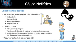 Cólico Nefrítico
Sabinston
Conducta terapéutica
• Sin infección, sin nauseas y calculo <6mm:
• Ambulatorio
• Hidratación VO
• Analgésicos orales
• Bloqueadores α
• Cálculo >7mm
• Intervención quirúrgica
• Transitorio: Endoprótesis ureteral o nefrostomía percutánea.
• Definitivo: Nefrolitotomía percutánea, ureteroscopia o litotripsia
con choque de onda extracorpórea.
• Recurrente: Análisis de composición
Twonsend C., Beauchamp D., Evers B., Mattox K. Sabiston Tratado de Cirugía. 19na ed. Elsevier. Madrid 2013.
 
