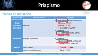 Priapismo
Sabinston
Técnica de derivación
Localización Sitio de Fístula Técnicas
Distal
(primera
elección)
Glande
 Percutáneo (menos invasivo)
Ebbehoj (1974)
Winter (1976)
T-shunt (Brant, 2009)
 Abierto
Al-Ghorab (Hanafy, 1976;
Borrelli, 1983)
Proximal Cuerpo esponjoso  Abierto
Quackles (1964): unilateral
Sacher (1972): bilateral
Venosa Vena safena Grayhack (1964)
Vena dorsal del pene Barry (1976)
Twonsend C., Beauchamp D., Evers B., Mattox K. Sabiston Tratado de Cirugía. 19na ed. Elsevier. Madrid 2013.
 