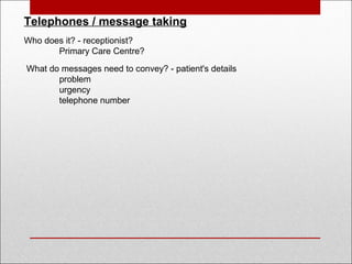 Telephones / message taking
Who does it? - receptionist?
Primary Care Centre?
What do messages need to convey? - patient's details
problem
urgency
telephone number
 