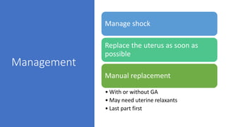 Management
Manage shock
Replace the uterus as soon as
possible
Manual replacement
• With or without GA
• May need uterine relaxants
• Last part first
 