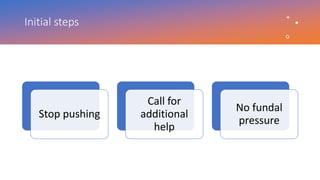Initial steps
Stop pushing
Call for
additional
help
No fundal
pressure
 