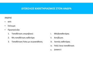 ΔΥΣΚΟΛΟΣ ΚΑΘΕΤΗΡΙΑΣΜΟΣ ΣΤΟΝ ΑΝΔΡΑ
ΑΝΔΡΑΣ
• ΚΥΠ
• Στένωμα
• Προστατίτιδα
i. Φλεβοκαθετήρας
ii. Αντιβίωση
iii. Λεπτός καθετήρας
iv. Πολύ ήπια τοποθέτηση
v. ΣΗΨΗ!!!
1. Τοποθέτηση υπερηβικού
2. Μη τοποθέτηση καθετήρα
3. Τοποθέτηση Foley με συγκατάθεση;
 