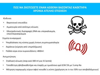 ΠΩΣ ΝΑ ΣΚΟΤΩΣΕΤΕ ΕΝΑΝ ΑΣΘΕΝΗ ΒΑΖΟΝΤΑΣ ΚΑΘΕΤΗΡΑ
ΧΡΟΝΙΑ ΑΤΕΛΗΣ ΕΠΙΣΧΕΣΗ
Σημεία συναγερμού
• Υπερδιάταση της κύστης χωρίς έντονη συμπτωματολογία
• Ακράτεια (ούρηση από υπερπλήρωση)
• Πολλά ούρα στον ουροσυλλέκτη >800ml
Αντιμετώπιση
• Σταδιακή κένωση (stop ανά 300 ml για 15 λεπτά)
• Τοποθέτηση φλεβοκαθετήρα και έναρξη με ημισότονο ορό D/W 5% με 3 amp Na
• Μέτρηση παραγωγής ούρων αφού κενωθεί η κύστη (χορήγηση σε iv του 50% των αποβαλλόμενων)
Κίνδυνοι
• Βαγοτονικό επεισόδιο
• Αιματουρία από απότομη κένωση
• Ηλεκτρολυτικές διαταραχές ΟΝΑ και υπερκαλιαιμία,
ύπο/ύπερνατριαιμία
 