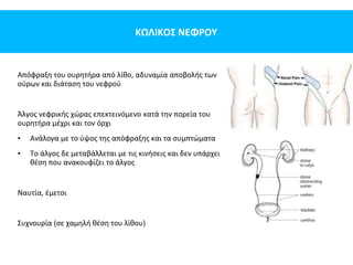 ΚΩΛΙΚΟΣ ΝΕΦΡΟΥ
Απόφραξη του ουρητήρα από λίθο, αδυναμία αποβολής των
ούρων και διάταση του νεφρού
Άλγος νεφρικής χώρας επεκτεινόμενο κατά την πορεία του
ουρητήρα μέχρι και τον όρχι
• Ανάλογα με το ύψος της απόφραξης και τα συμπτώματα
• Το άλγος δε μεταβάλλεται με τις κινήσεις και δεν υπάρχει
θέση που ανακουφίζει το άλγος
Ναυτία, έμετοι
Συχνουρία (σε χαμηλή θέση του λίθου)
 