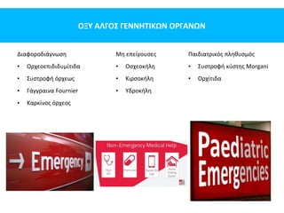 ΟΞΥ ΑΛΓΟΣ ΓΕΝΝΗΤΙΚΩΝ ΟΡΓΑΝΩΝ
Διαφοροδιάγνωση
• Ορχεοεπιδιδυμίτιδα
• Συστροφή όρχεως
• Γάγγραινα Fournier
• Καρκίνος όρχεος
Παιδιατρικός πληθυσμός
• Συστροφή κύστης Morgani
• Ορχίτιδα
Μη επείγουσες
• Οσχεοκήλη
• Κιρσοκήλη
• Υδροκήλη
 