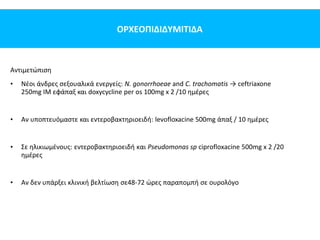 ΟΡΧΕΟΠΙΔΙΔΥΜΙΤΙΔΑ
Αντιμετώπιση
• Νέοι άνδρες σεξουαλικά ενεργείς: N. gonorrhoeae and C. trachomatis → ceftriaxone
250mg IM εφάπαξ και doxycycline per os 100mg x 2 /10 ημέρες
• Αν υποπτευόμαστε και εντεροβακτηριοειδή: levofloxacine 500mg άπαξ / 10 ημέρες
• Σε ηλικιωμένους: εντεροβακτηριοειδή και Pseudomonas sp ciprofloxacine 500mg x 2 /20
ημέρες
• Αν δεν υπάρξει κλινική βελτίωση σε48-72 ώρες παραπομπή σε ουρολόγο
 
