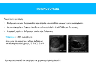 ΚΑΡΚΙΝΟΣ ΟΡΧΕΩΣ
Παράγοντες κινδύνου
• Σύνδρομο ορχικής δυσγενεσίας: κρυψορχία, υποσπαδίας, μειωμένη σπερματογένεση
• Ιστορικό καρκίνου όρχεος είτε Germ cell neoplasia in situ GCNIS στον έτερο όρχι
• Συγγενείς πρώτου βαθμού με αντίστοιχη διάγνωση
Υπέρηχος ≈ 100% ευαισθησία
Screening σε όλους τους νέους άνδρες με
οπισθοπεριτοναϊκές μάζες, ↑ β-hCG ή AFP
Άμεση παραπομπή για εκτίμηση και χειρουργική επέμβαση!!!!
 
