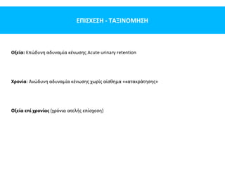 ΕΠΙΣΧΕΣΗ - ΤΑΞΙΝΟΜΗΣΗ
Οξεία: Επώδυνη αδυναμία κένωσης Acute urinary retention
Χρονία: Ανώδυνη αδυναμία κένωσης χωρίς αίσθημα «κατακράτησης»
Οξεία επί χρονίας (χρόνια ατελής επίσχεση)
 