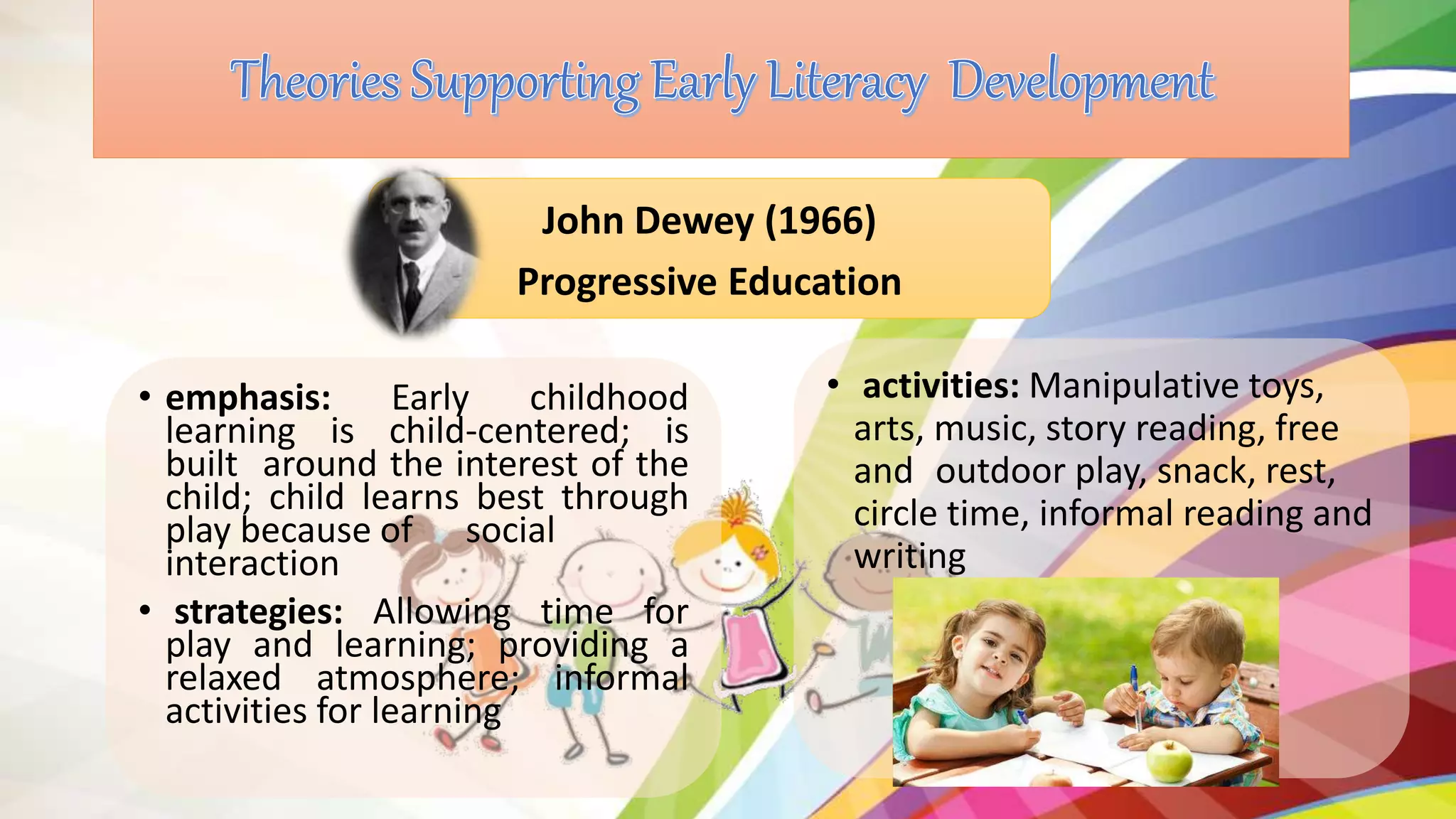 • emphasis: Early childhood
learning is child-centered; is
built around the interest of the
child; child learns best through
play because of social
interaction
• strategies: Allowing time for
play and learning; providing a
relaxed atmosphere; informal
activities for learning
John Dewey (1966)
Progressive Education
• activities: Manipulative toys,
arts, music, story reading, free
and outdoor play, snack, rest,
circle time, informal reading and
writing
 