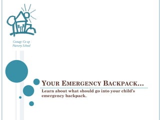 YOUR EMERGENCY BACKPACK…
Learn about what should go into your child’s
emergency backpack.
 