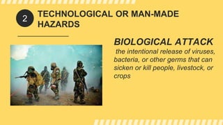 TECHNOLOGICAL OR MAN-MADE
HAZARDS
BIOLOGICAL ATTACK
the intentional release of viruses,
bacteria, or other germs that can
sicken or kill people, livestock, or
crops
2
 