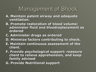 Management of Shock <ul><li>A. Maintain patent airway and adequate ventilation. </li></ul><ul><li>B. Promote restoration o...