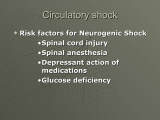 Circulatory shock <ul><li>Risk factors for Neurogenic Shock </li></ul><ul><ul><ul><ul><li>Spinal cord injury </li></ul></u...