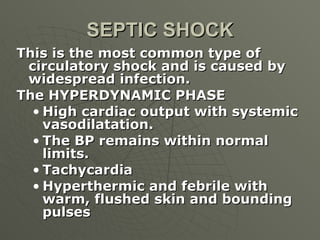 SEPTIC SHOCK <ul><li>This is the most common type of circulatory shock and is caused by widespread infection. </li></ul><u...