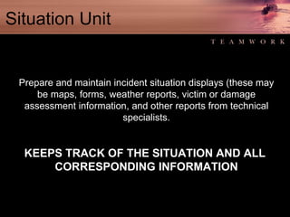Situation Unit Prepare and maintain incident situation displays (these may be maps, forms, weather reports, victim or damage assessment information, and other reports from technical specialists. KEEPS TRACK OF THE SITUATION AND ALL  CORRESPONDING INFORMATION 