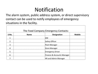 Notification The alarm system, public address system, or direct supervisory contact can be used to notify employees of emergency situations in the facility.     The Food Company Emergency Contacts: S.No. Name Designation Mobile 1 GM 2 Safety Officer 3 Plant Manager 4 Store Manager 5 Emergency Driver 6 Finance & Accounts Manager 7 HR and Admin Manager 