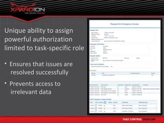 Unique ability to assign
powerful authorization
limited to task-specific role

• Ensures that issues are
  resolved successfully
• Prevents access to
  irrelevant data
 