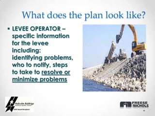 What does the plan look like?
 LEVEE OPERATOR –
  specific information
  for the levee
  including:
  identifying problems,
  who to notify, steps
  to take to resolve or
  minimize problems
 