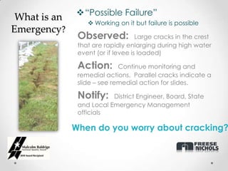 “Possible Failure”
 What is an
                   Working on it but failure is possible
Emergency?
               Observed:            Large cracks in the crest
               that are rapidly enlarging during high water
               event (or if levee is loaded)

               Action:       Continue monitoring and
               remedial actions. Parallel cracks indicate a
               slide – see remedial action for slides.

               Notify:    District Engineer, Board, State
               and Local Emergency Management
               officials

              When do you worry about cracking?
 