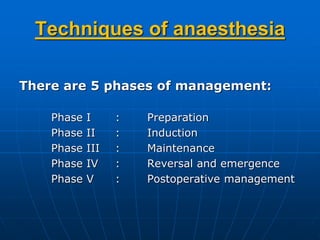 Techniques of anaesthesia
There are 5 phases of management:
Phase I : Preparation
Phase II : Induction
Phase III : Maintenance
Phase IV : Reversal and emergence
Phase V : Postoperative management
 