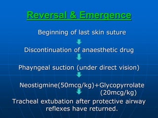 Reversal & Emergence
Beginning of last skin suture
Discontinuation of anaesthetic drug
Phayngeal suction (under direct vision)
Neostigmine(50mcg/kg)+Glycopyrrolate
(20mcg/kg)
Tracheal extubation after protective airway
reflexes have returned.
 