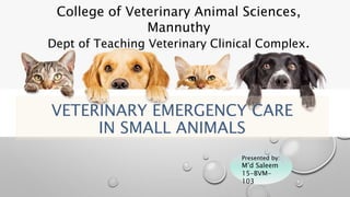 VETERINARY EMERGENCY CARE
IN SMALL ANIMALS
Presented by:
M’d Saleem
15-BVM-
103
College of Veterinary Animal Sciences,
Mannuthy
Dept of Teaching Veterinary Clinical Complex.
 