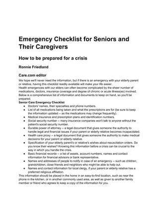Emergency checklist for seniors and their caregivers