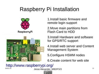 Raspberry Pi Installation 
1.Install basic firmware and 
remote login support 
2.Move main partitions from 
Flash Card to ...