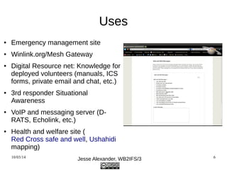 Uses 
● Emergency management site 
● Winlink.org/Mesh Gateway 
● Digital Resource net: Knowledge for 
deployed volunteers ...
