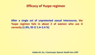 Efficacy of Yuzpe regimen
After a single act of unprotected sexual intercourse, the
Yuzpe regimen fails in about 2 of women who use it
correctly (1.9%, 95 CI 1.4–2.4 %)
Kubba AA. Eur. J Contracept. Reprod. Health Care 1997
 