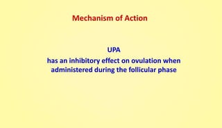 Mechanism of Action
UPA
has an inhibitory effect on ovulation when
administered during the follicular phase
 