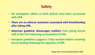 Safety
• No teratogenic effects or birth defects have been associated
with UPA.
• There are no adverse outcomes associated with breastfeeding
after taking UPA.
• American guideline discourages mothers from giving breast
milk in the 24 h following consumption of UPA.
• European guidelines suggest a 7-day window before resuming
breast feeding following the ingestion of UPA
Haeger KO. Contracept Reprod Med. 2018
 
