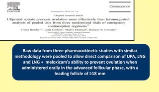 Raw data from three pharmacokinetic studies with similar
methodology were pooled to allow direct comparison of UPA, LNG
and LNG + meloxicam's ability to prevent ovulation when
administered orally in the advanced follicular phase, with a
leading follicle of ≥18 mm
 
