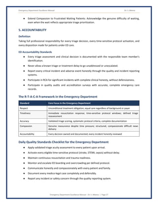 Emergency Department Excellence Manual Dr J L Meena
Emergency Department Excellence Manual – Dr J L Meena | Page 27
● Extend Compassion to Frustrated Waiting Patients: Acknowledge the genuine difficulty of waiting,
even when the wait reflects appropriate triage prioritization.
5. ACCOUNTABILITY
Definition
Taking full professional responsibility for every triage decision, every time-sensitive protocol activation, and
every disposition made for patients under ED care.
ED Accountability Standards
● Every triage assessment and clinical decision is documented with the responsible team member's
identification.
● Never allow a known triage or treatment delay to go unaddressed or unescalated.
● Report every critical incident and adverse event honestly through the quality and incident reporting
systems.
● Participate in RCA for significant incidents with complete clinical honesty, without defensiveness.
● Participate in quality audits and accreditation surveys with accurate, complete emergency care
records.
The R-T-A-C-A Framework in the Emergency Department
Standard Core Focus in the Emergency Department
Respect Unconditional treatment obligation; equal care regardless of background or payer
Timeliness Immediate resuscitation response; time-sensitive protocol windows; defined triage
reassessment
Accuracy Validated triage scoring, systematic protocol criteria, complete documentation
Compassion Genuine reassurance despite time pressure; structured, compassionate difficult news
delivery
Accountability Every decision owned and documented; every incident honestly reviewed
Daily Quality Standards Checklist for the Emergency Department
● Apply validated triage acuity assessment to every patient upon arrival.
● Activate every eligible time-sensitive protocol (stroke, STEMI, sepsis) without delay.
● Maintain continuous resuscitation and trauma readiness.
● Monitor and escalate ED boarding and overcrowding per defined protocol.
● Communicate honestly and compassionately with every patient and family.
● Document every medico-legal case completely and defensibly.
● Report any incident or safety concern through the quality reporting system.
 