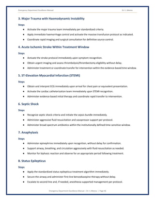 Emergency Department Excellence Manual Dr J L Meena
Emergency Department Excellence Manual – Dr J L Meena | Page 46
3. Major Trauma with Haemodynamic Instability
Steps
● Activate the major trauma team immediately per standardized criteria.
● Apply immediate haemorrhage control and activate the massive transfusion protocol as indicated.
● Coordinate rapid imaging and surgical consultation for definitive source control.
4. Acute Ischemic Stroke Within Treatment Window
Steps
● Activate the stroke protocol immediately upon symptom recognition.
● Obtain urgent imaging and assess thrombolysis/thrombectomy eligibility without delay.
● Administer treatment or coordinate transfer for intervention within the evidence-based time window.
5. ST-Elevation Myocardial Infarction (STEMI)
Steps
● Obtain and interpret ECG immediately upon arrival for chest pain or equivalent presentation.
● Activate the cardiac catheterization team immediately upon STEMI recognition.
● Administer evidence-based initial therapy and coordinate rapid transfer to intervention.
6. Septic Shock
Steps
● Recognize septic shock criteria and initiate the sepsis bundle immediately.
● Administer aggressive fluid resuscitation and vasopressor support per protocol.
● Administer broad-spectrum antibiotics within the institutionally defined time-sensitive window.
7. Anaphylaxis
Steps
● Administer epinephrine immediately upon recognition, without delay for confirmation.
● Support airway, breathing, and circulation aggressively with fluid resuscitation as needed.
● Monitor for biphasic reaction and observe for an appropriate period following treatment.
8. Status Epilepticus
Steps
● Apply the standardized status epilepticus treatment algorithm immediately.
● Secure the airway and administer first-line benzodiazepine therapy without delay.
● Escalate to second-line and, if needed, anesthesia-supported management per protocol.
 