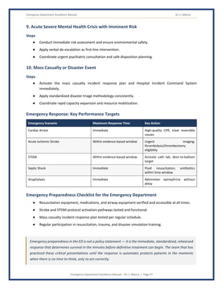 Emergency Department Excellence Manual Dr J L Meena
Emergency Department Excellence Manual – Dr J L Meena | Page 47
9. Acute Severe Mental Health Crisis with Imminent Risk
Steps
● Conduct immediate risk assessment and ensure environmental safety.
● Apply verbal de-escalation as first-line intervention.
● Coordinate urgent psychiatric consultation and safe disposition planning.
10. Mass Casualty or Disaster Event
Steps
● Activate the mass casualty incident response plan and Hospital Incident Command System
immediately.
● Apply standardized disaster triage methodology consistently.
● Coordinate rapid capacity expansion and resource mobilization.
Emergency Response: Key Performance Targets
Emergency Scenario Maximum Response Time Key Action
Cardiac Arrest Immediate High-quality CPR; treat reversible
causes
Acute Ischemic Stroke Within evidence-based window Urgent imaging;
thrombolysis/thrombectomy
eligibility
STEMI Within evidence-based window Activate cath lab; door-to-balloon
target
Septic Shock Immediate Fluid resuscitation; antibiotics
within time window
Anaphylaxis Immediate Administer epinephrine without
delay
Emergency Preparedness Checklist for the Emergency Department
● Resuscitation equipment, medications, and airway equipment verified and accessible at all times.
● Stroke and STEMI protocol activation pathways tested and functional.
● Mass casualty incident response plan tested per regular schedule.
● Regular participation in resuscitation, trauma, and disaster simulation training.
Emergency preparedness in the ED is not a policy statement — it is the immediate, standardized, rehearsed
response that determines survival in the minutes before definitive treatment can begin. The team that has
practiced these critical presentations until the response is automatic protects patients in the moments
when there is no time to think, only to act correctly.
 