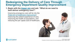 © 2018 Health Catalyst
Proprietary. Feel free to share but we would appreciate a Health Catalyst citation.
1. Begin with the bigger aim and ask: “What do we need to
best deliver emergency care?”.
Redesigning the Delivery of Care Through
Emergency Department Quality Improvement
Improving emergency care will tie into the
Triple Aim of healthcare improvement:
improving the patient experience of care,
improving the health of populations, and
reducing the per capita cost of healthcare.
 