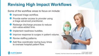 © 2018 Health Catalyst
Proprietary. Feel free to share but we would appreciate a Health Catalyst citation.
Some of the workflow areas to focus on include:
Improved triage workflow.
Provide earlier access to provider using
a triage advanced practitioner.
Redesign discharge process to reduce
non-value-added time.
Implement readiness huddles.
Improve response to surges in patient volume.
Revise staffing patterns.
Add flow coordinator during busy times
to oversee hospital patient flow.
Revising High Impact Workflows
>
>
>
>
>
>
>
 