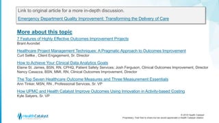 © 2018 Health Catalyst
Proprietary. Feel free to share but we would appreciate a Health Catalyst citation.
More about this topic
Link to original article for a more in-depth discussion.
Emergency Department Quality Improvement: Transforming the Delivery of Care
7 Features of Highly Effective Outcomes Improvement Projects
Brant Avondet
Healthcare Project Management Techniques: A Pragmatic Approach to Outcomes Improvement
Curt Sellke , Client Engagement, Sr. Director
How to Achieve Your Clinical Data Analytics Goals
Elaine St. James, BSN, RN, CPHQ, Patient Safety Services; Josh Ferguson, Clinical Outcomes Improvement, Director
Nancy Casazza, BSN, MMI, RN, Clinical Outcomes Improvement, Director
The Top Seven Healthcare Outcome Measures and Three Measurement Essentials
Ann Tinker, MSN, RN , Professional Services, Sr. VP
How UPMC and Health Catalyst Improve Outcomes Using Innovation in Activity-based Costing
Kyle Salyers, Sr. VP
 