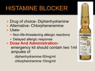  Drug of choice- Diphenhydramine
 Alternative- Chlorpheneramine
 Uses-
 Non-life-threatening allergic reactions
 Delayed allergic response
 Dose And Administration-
emergency kit should contain two 1ml
ampules of
diphenhydramine-50mg/ml
chlorpheniramine-10mg/ml
 
